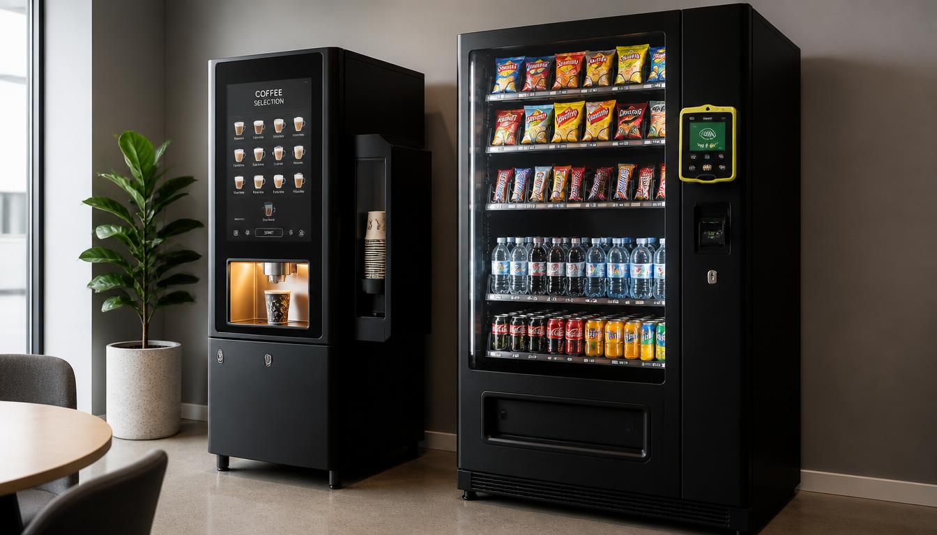 Coffee vending machine and combo snack and drink vending machine with Nayax card reader in an office break room